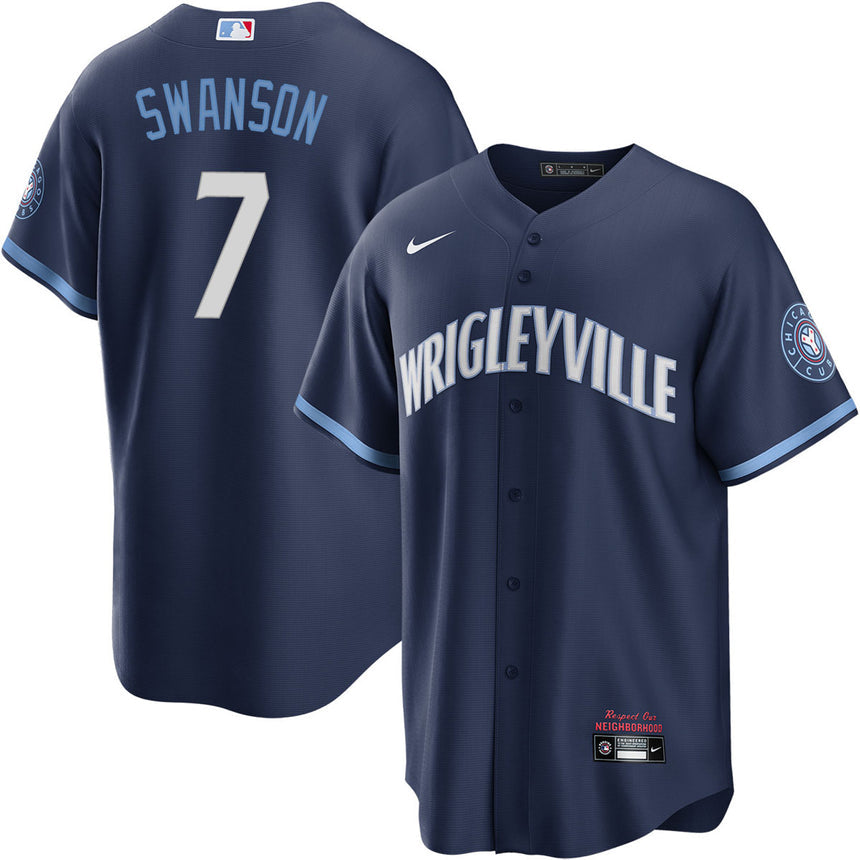 Men's Dansby Swanson Chicago Cubs Navy City Connect Wrigleyville Replica Jersey