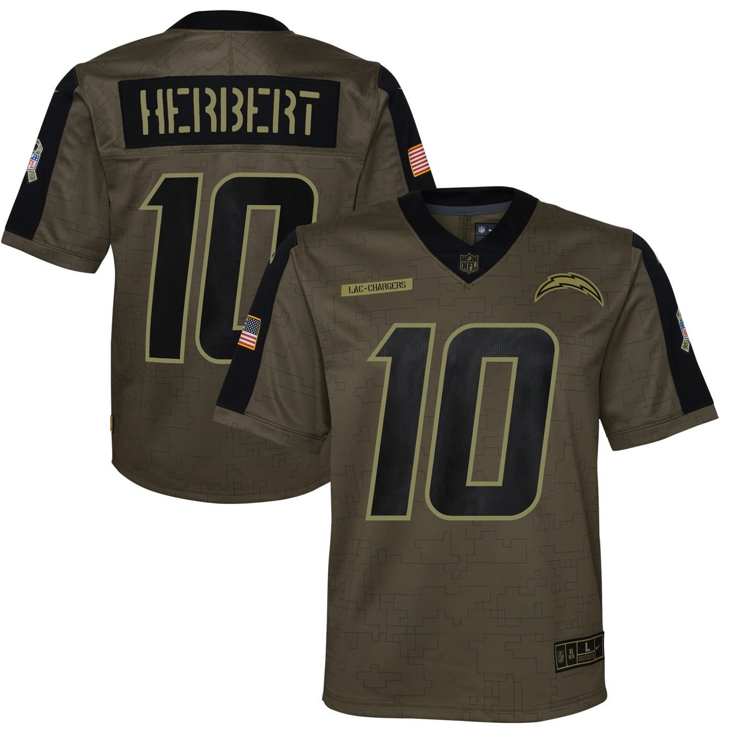 Justin Herbert Los Angeles Chargers Nike Youth 2021 Salute To Service Game Jersey - Olive